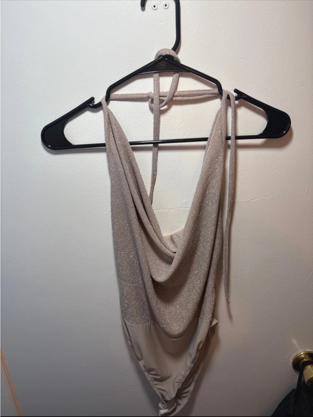 Charlotte Russe Sparkle Taupe Cowl Halter Bodysuit